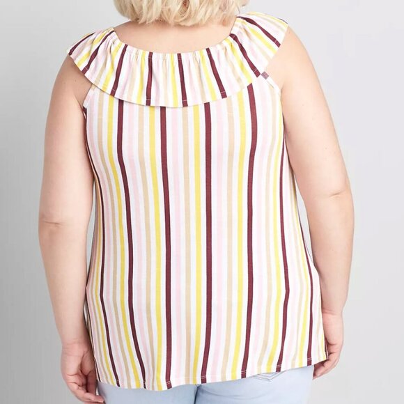 LANE BRYANT Plus Size Ruffle Edge Tank Top White Burgundy Pink Yellow Striped 3X - Picture 3 of 13